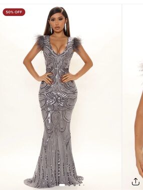Fashion Nova Silver Sequin Feather-Trim Gown